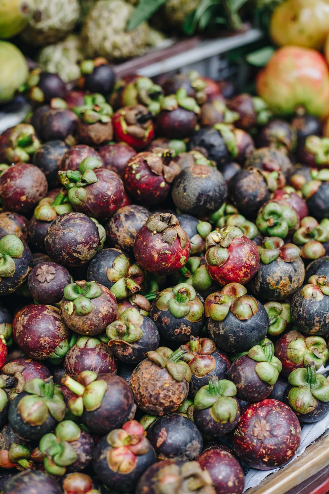 A pile of mangosteens at a Saigon fruit stall